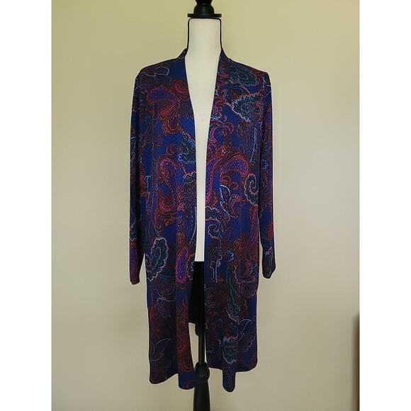 Susan Graver Sz L Open Front Cardigan Duster Topper Paisley Long Sleeve Pockets - Picture 1 of 16